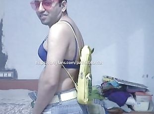 Back to school teen femboy in a sexy bra & denim shorts with sunglasses & a cute little school bag.