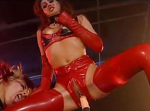 Three amazing grils in latex get fucked with cock and dildos
